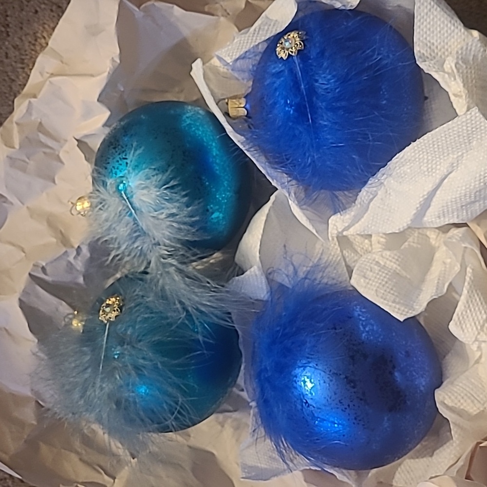 Set of 4 blue fancy whimsical feather decorative ornaments